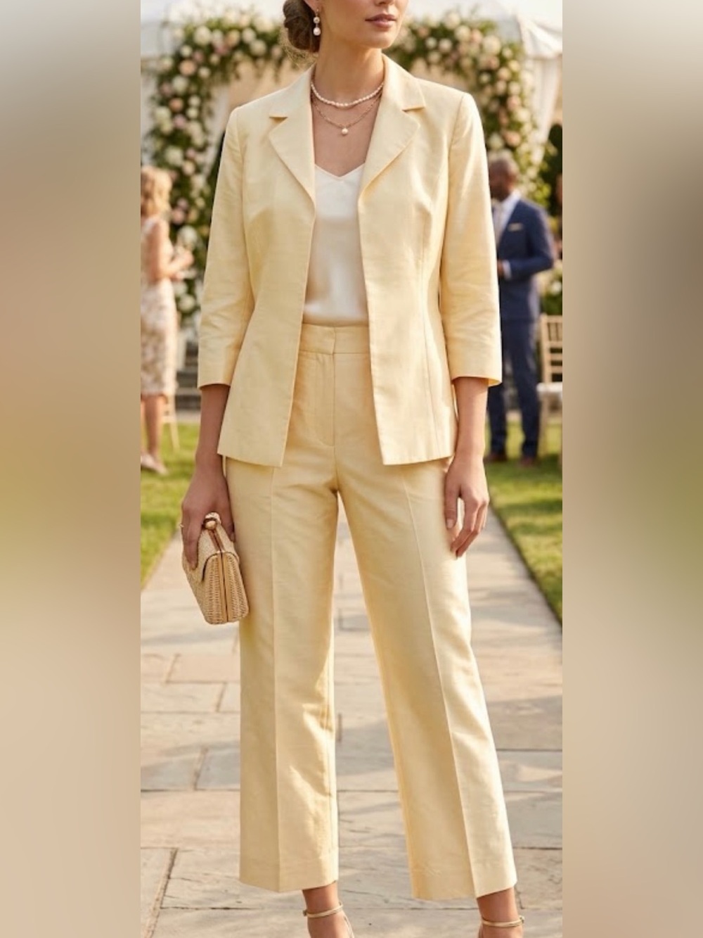 Petite Sophisticate soft butter yellow tailored pant suit sz 4 formal party